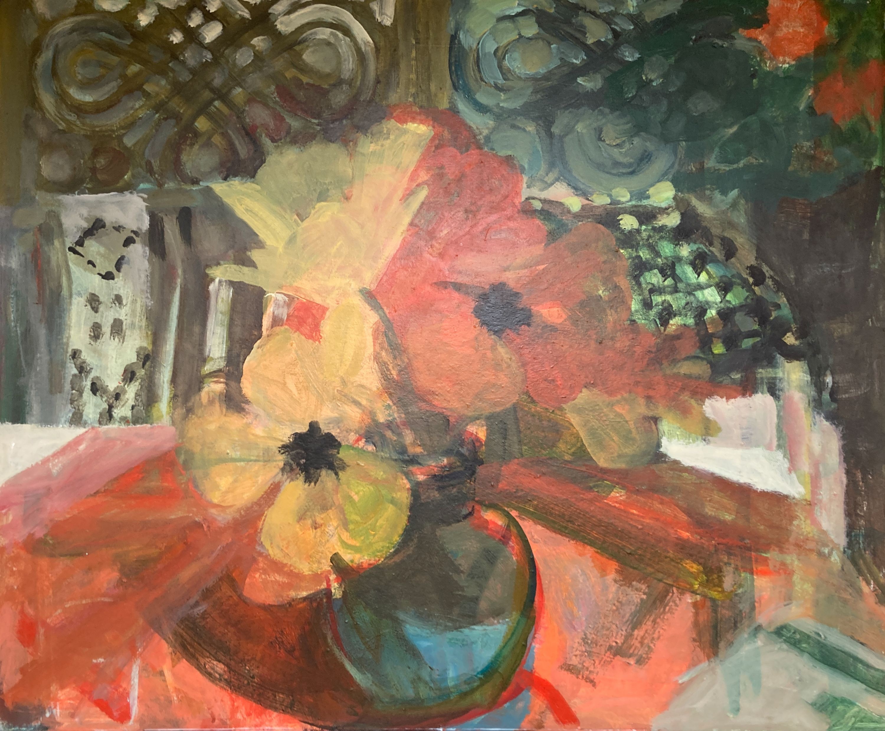 Myrta Fisher (1917-1999), acrylic on board, 'In The Sunroom, Concentration’, label verso, 62 x 74cm.